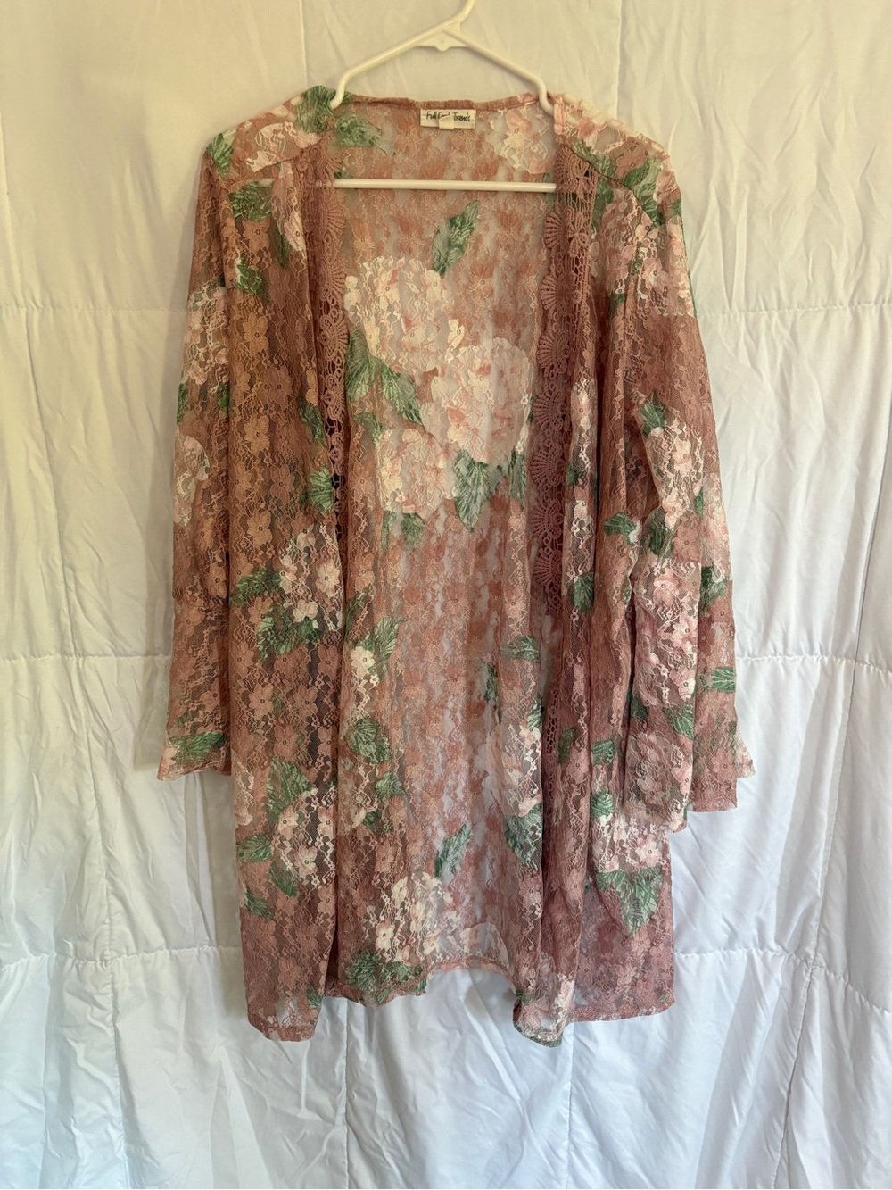 Sheer Floral Lace Robe - Blush Pink with Green Accents